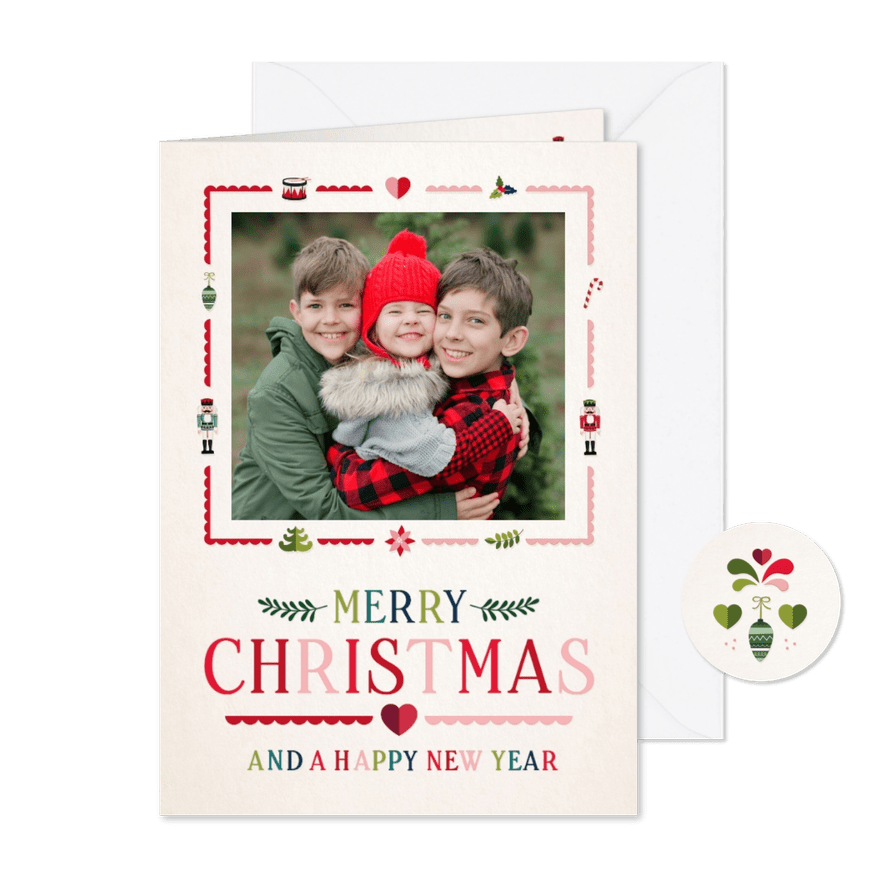 Nostalgische rood groene kerstkaart met eigen foto - Kaartimpressie