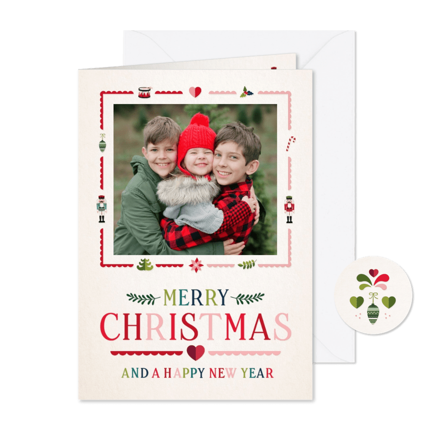 Nostalgische rood groene kerstkaart met eigen foto - Kaartimpressie