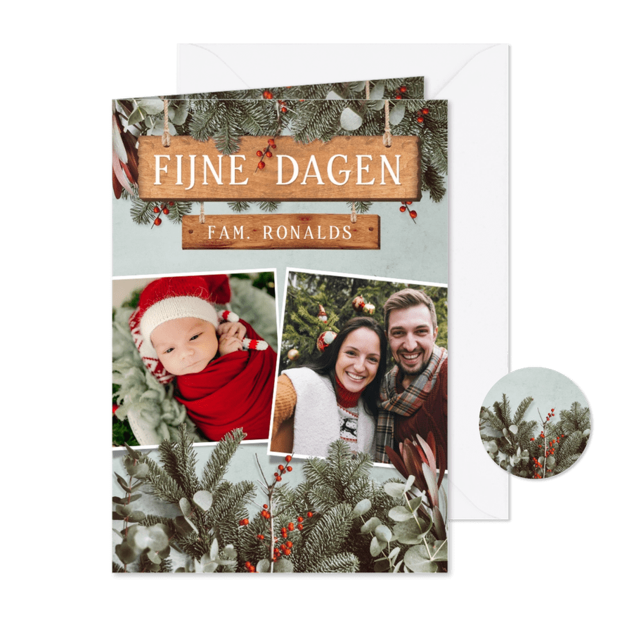 Nostalgische staande kerstkaart met kersttakjes en foto's - Kaartimpressie