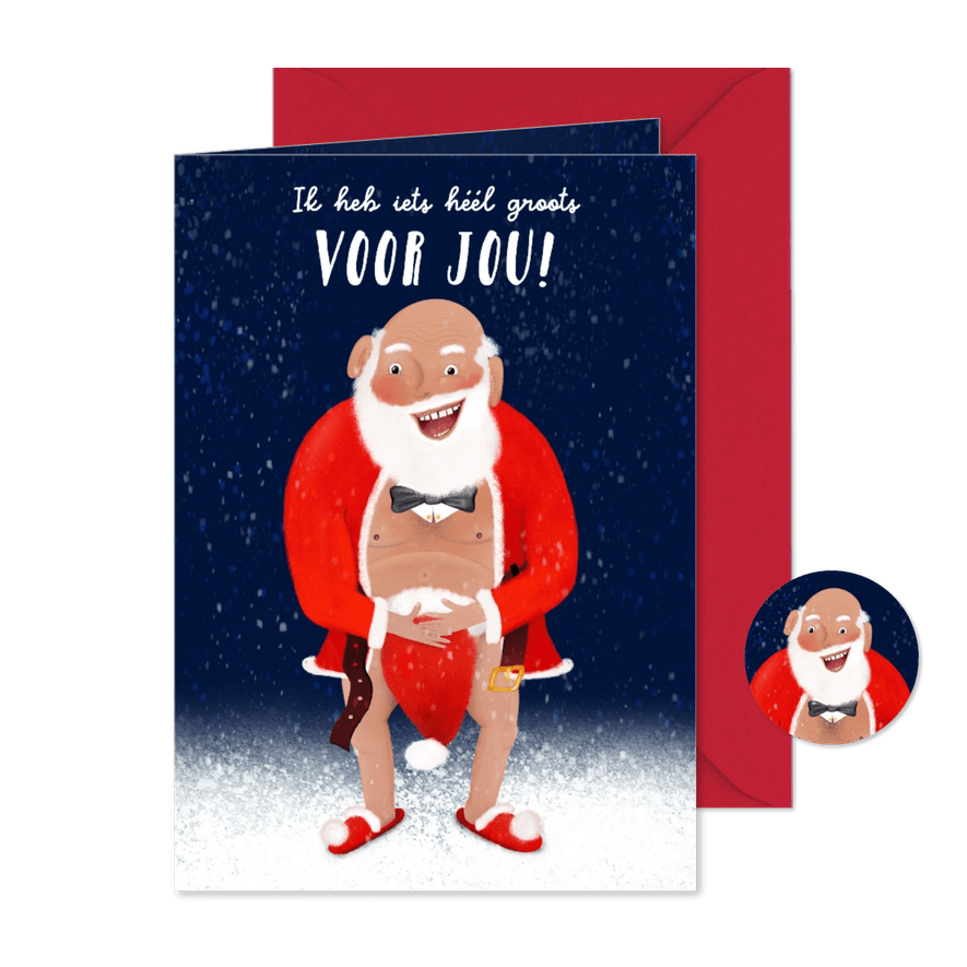 Ondeugende kerstkaart met halfblote kerstman - Kaartimpressie