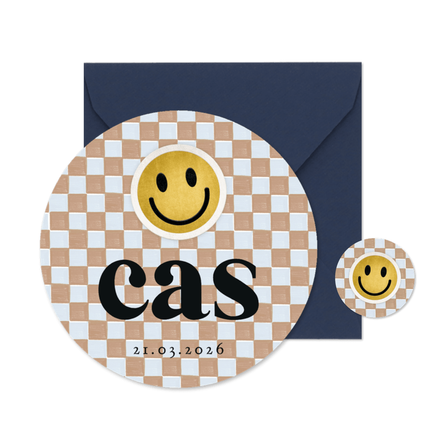 Origineel geboortekaartje cirkel blokjespatroon smiley patch - Kaartimpressie