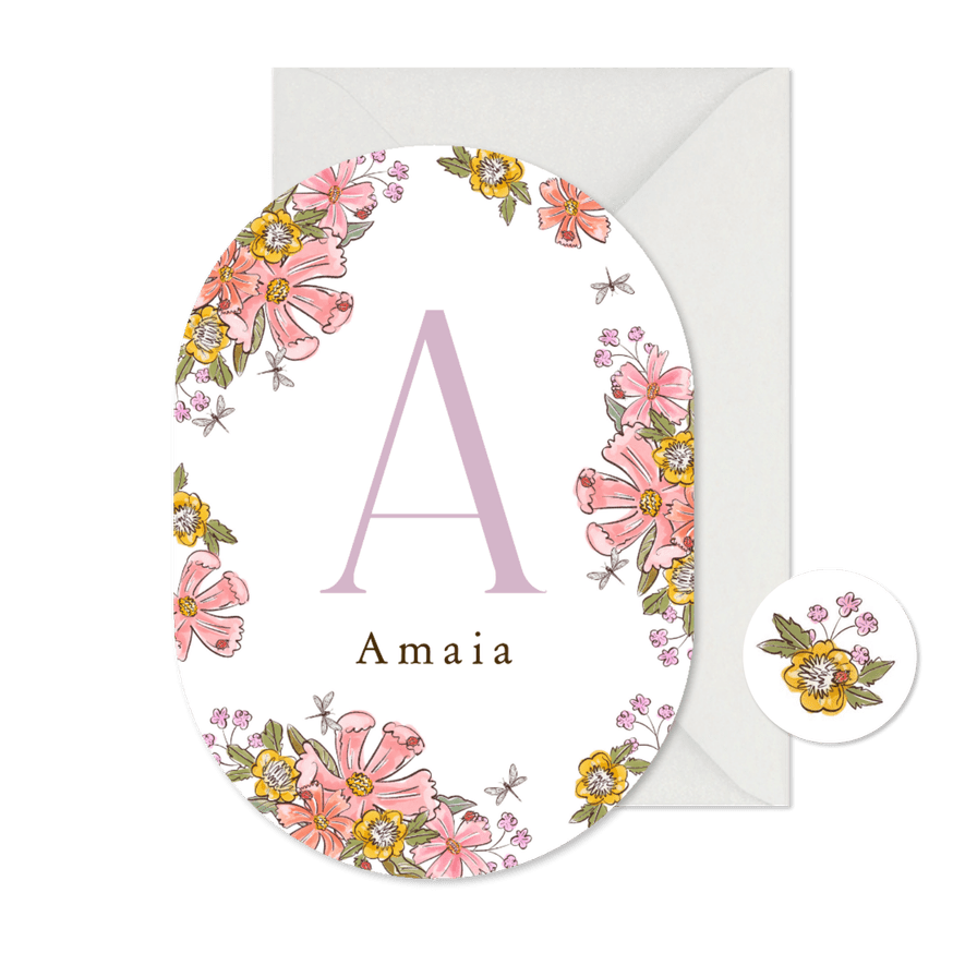 Origineel geboortekaartje initiaal floral kleurrijk libelle - Kaartimpressie