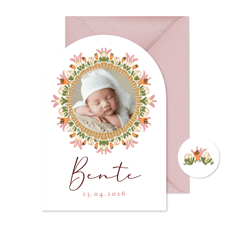 Origineel geboortekaartje klassiek bloemenkader cirkel foto - Kaartimpressie