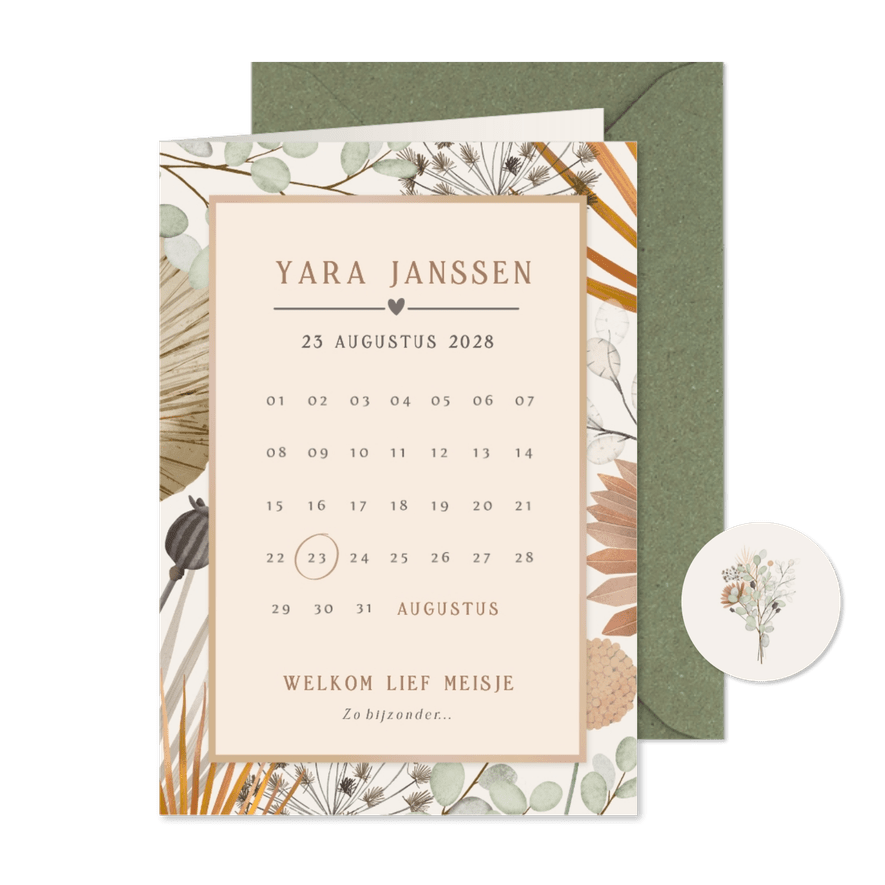 Origineel geboortekaartje met droogbloemen en kalender - Kaartimpressie