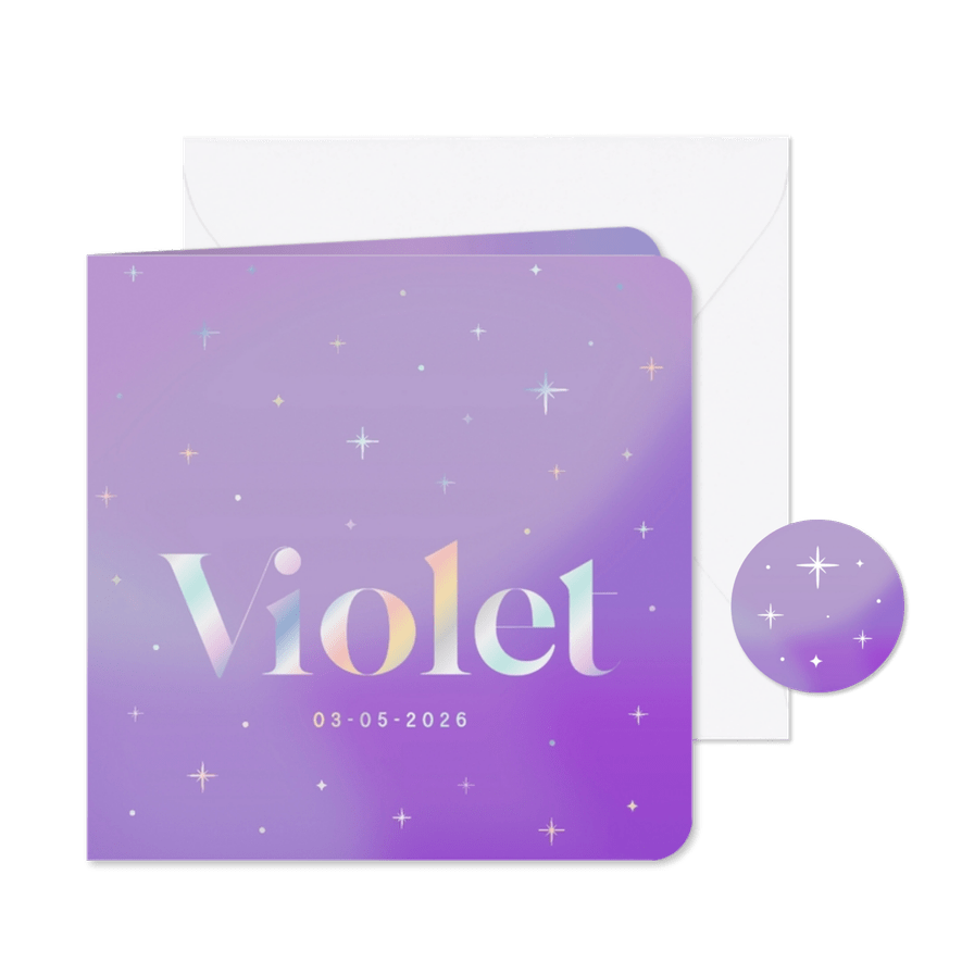 Origineel geboortekaartje paars met holografische sterretjes - Kaartimpressie