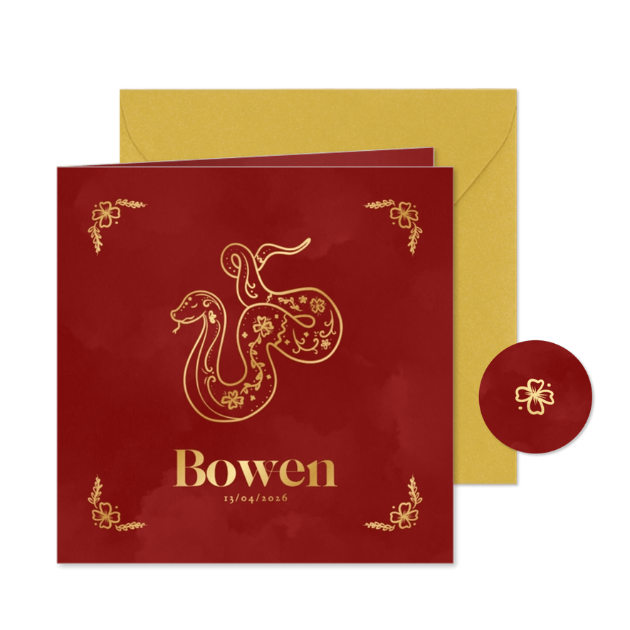 Origineel geboortekaartje rood met gouden slang sterrenbeeld - Kaartimpressie