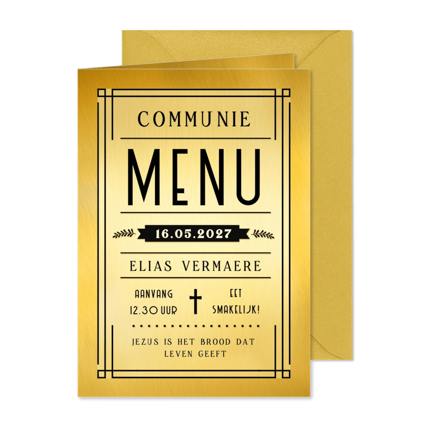 Originele communie menukaart in gouden ticket stijl - Kaartimpressie