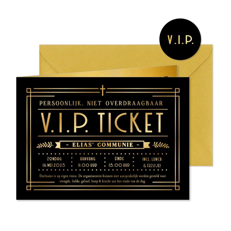 Originele communie uitnodiging als VIP ticket met foliedruk - Kaartimpressie