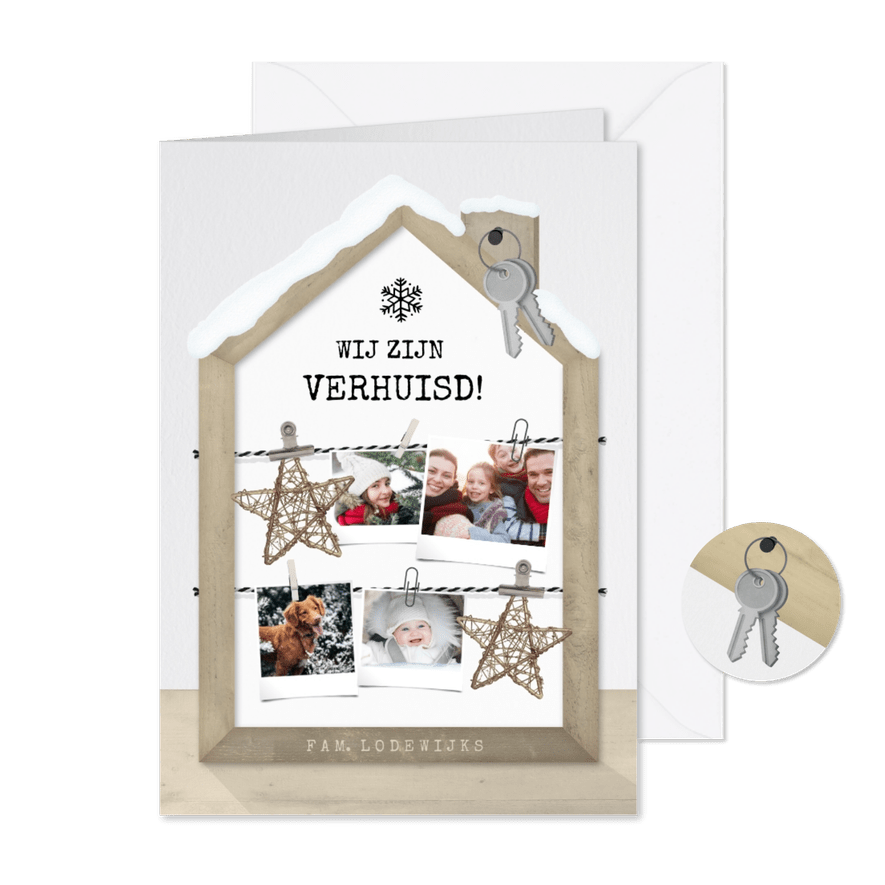 Originele kerst verhuiskaart met houten huisje fotocollage - Kaartimpressie