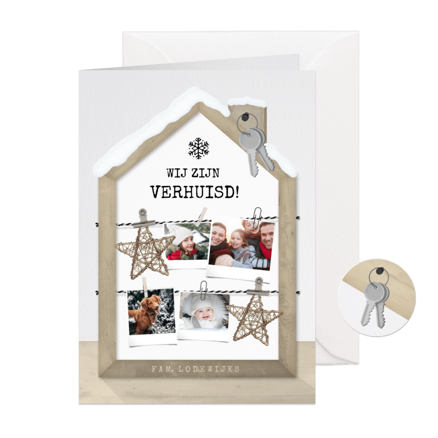 Originele kerst verhuiskaart met houten huisje fotocollage - Kaartimpressie