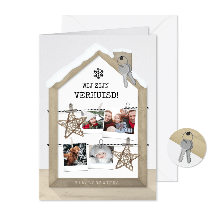 Originele kerst verhuiskaart met houten huisje fotocollage - Kaartimpressie