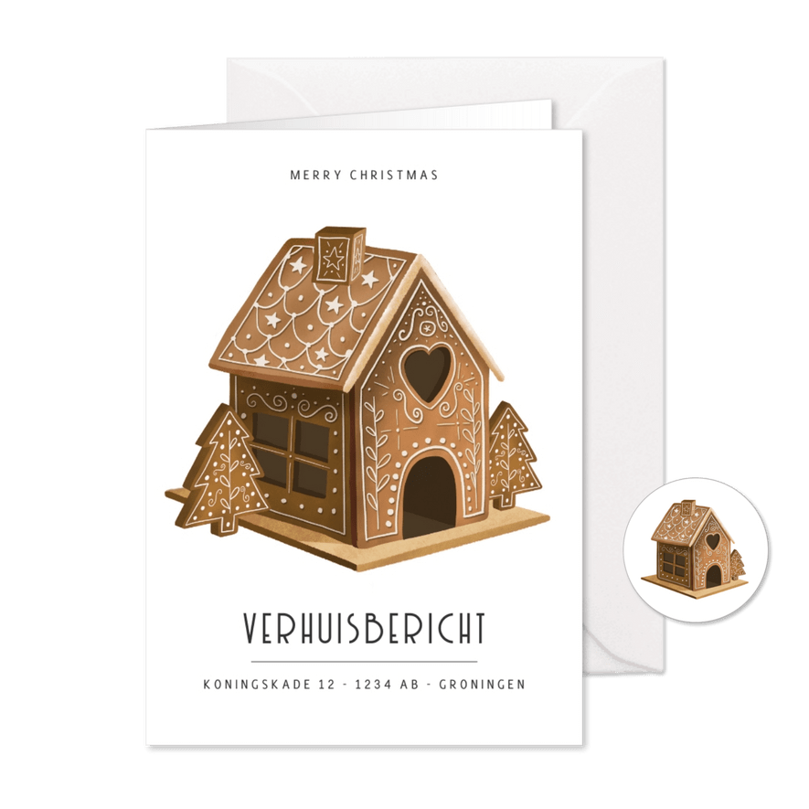 Originele kerst verhuiskaart met peperkoek huisje - Kaartimpressie