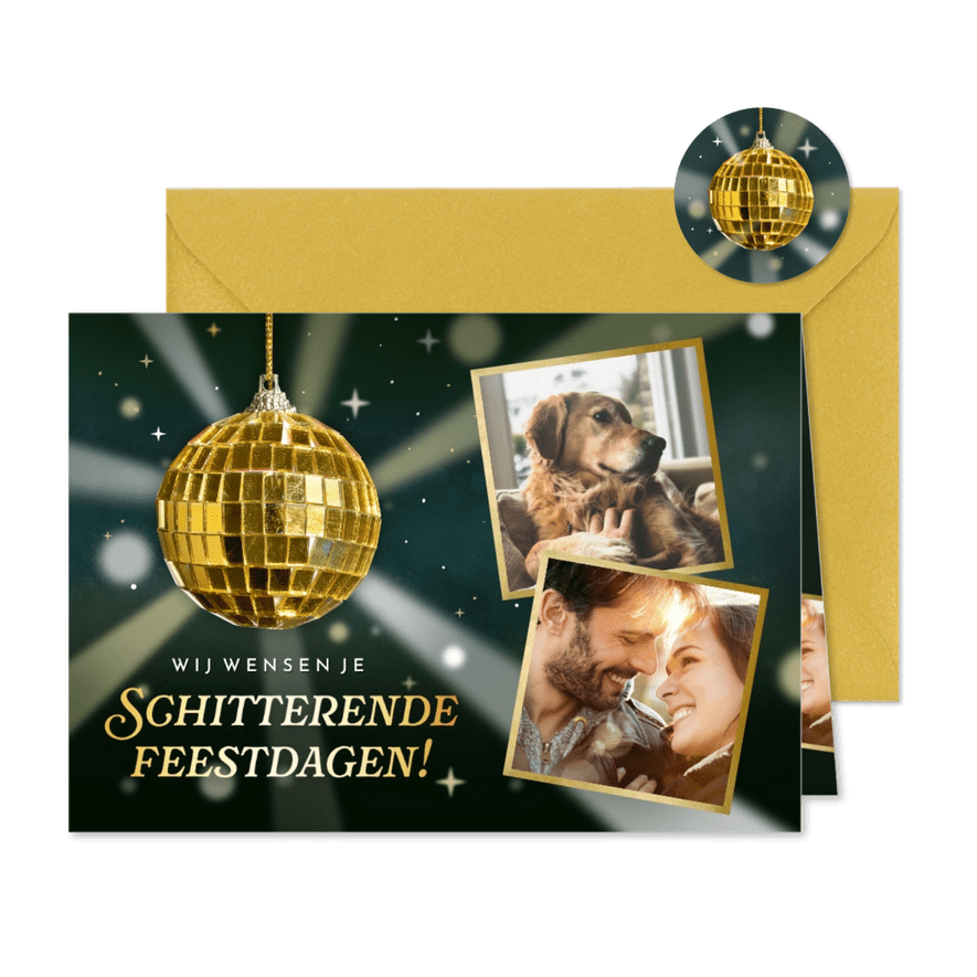Originele kerstkaart met discobal 'stralende feestdagen!' - Kaartimpressie