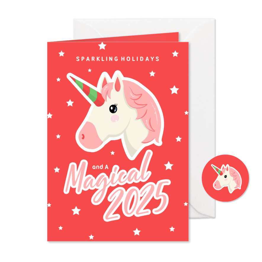 Originele kerstkaart met emoticon unicorn magical 2025 - Kaartimpressie