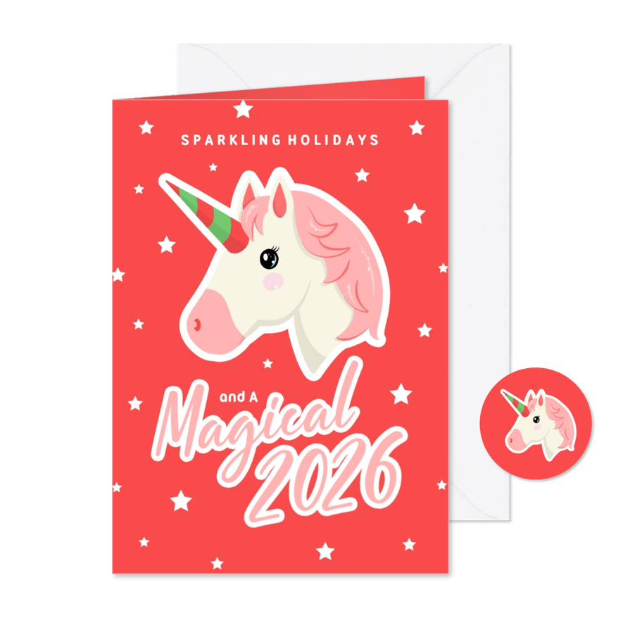 Originele kerstkaart met emoticon unicorn magical 2026 - Kaartimpressie