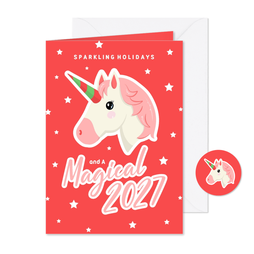 Originele kerstkaart met emoticon unicorn magical 2027 - Kaartimpressie