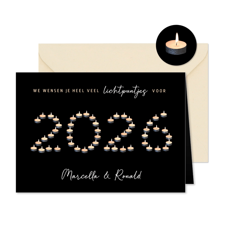 Originele kerstkaart met jaartal 2026 van waxinelichtjes - Kaartimpressie