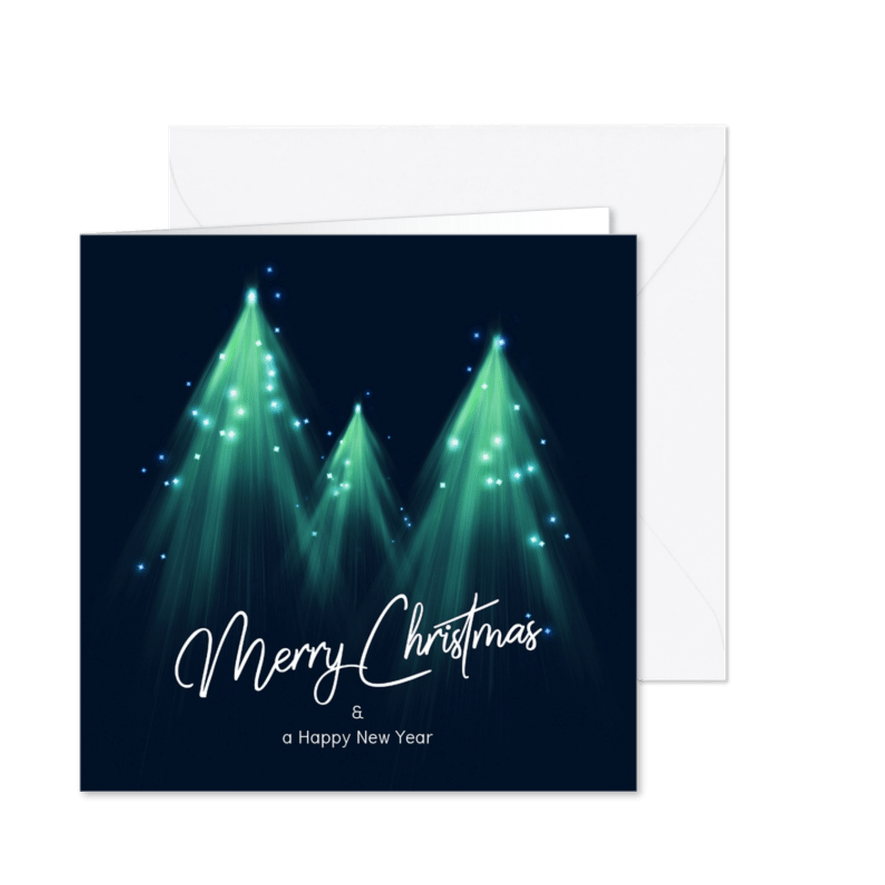 Originele kerstkaart met kerstbomen en lichtjes - Kaartimpressie