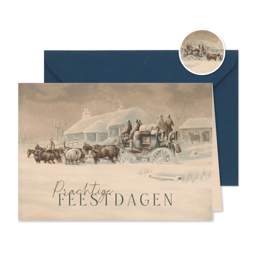 Originele kerstkaart met koets in de sneeuw - Kaartimpressie