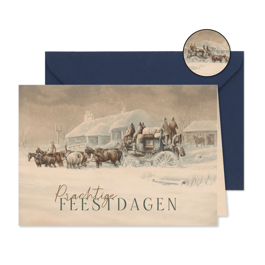 Originele kerstkaart met koets in de sneeuw - Kaartimpressie