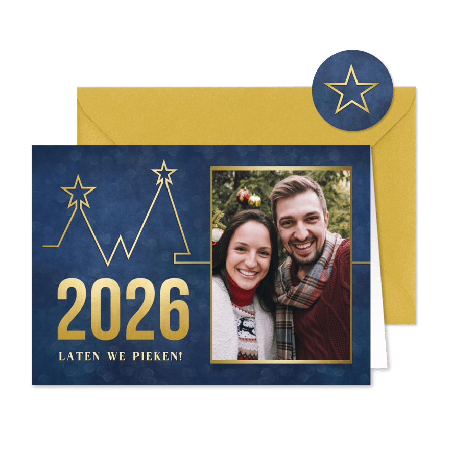 Originele kerstkaart - pieken in 2026 met kerstboom grafiek - Kaartimpressie