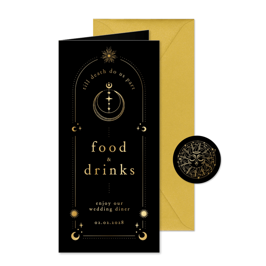 Originele menukaart astrologie zon met goudfolie - Kaartimpressie