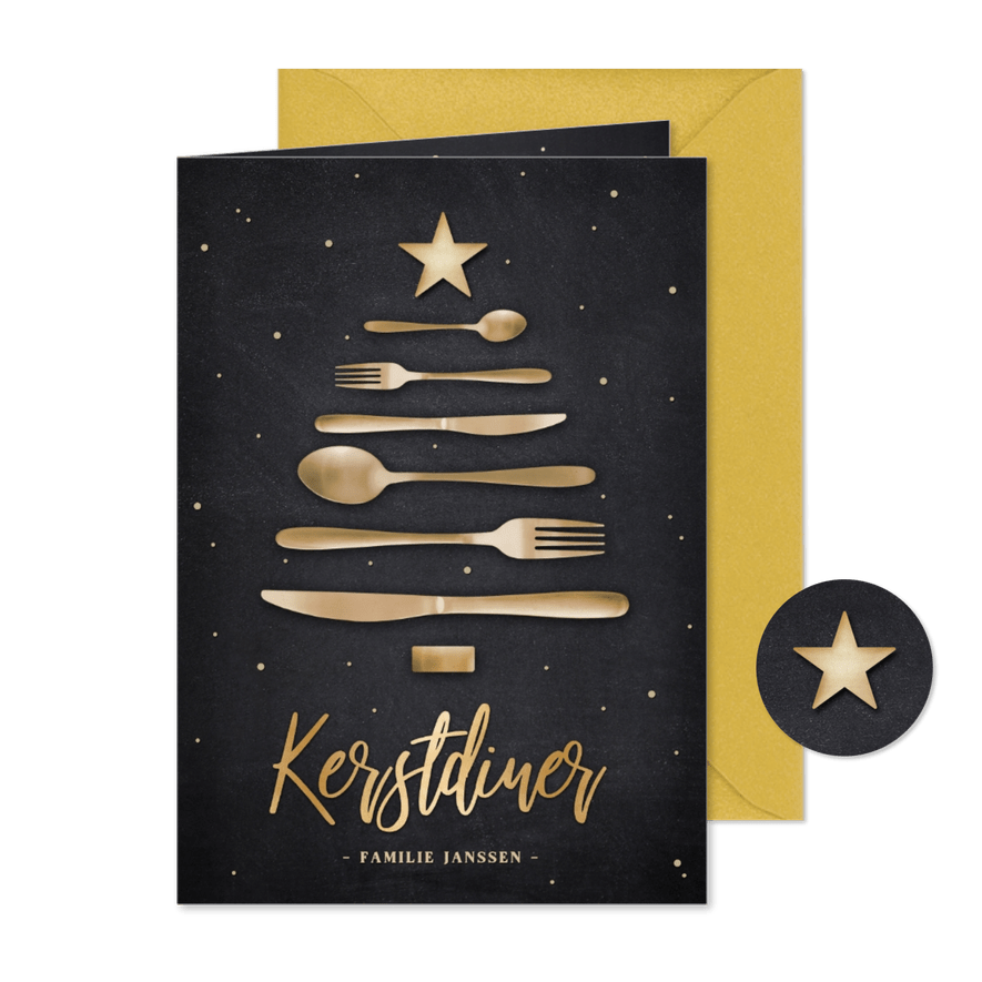 Originele menukaart kerstdiner met bestek in kerstboom vorm - Kaartimpressie
