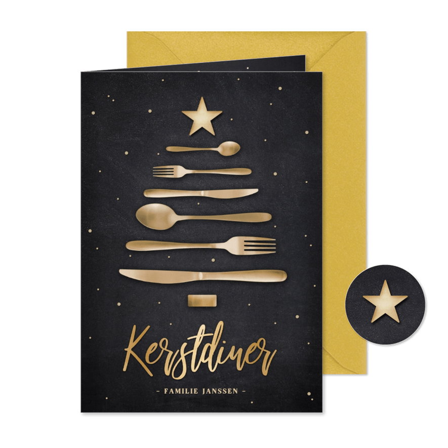 Originele menukaart kerstdiner met bestek in kerstboom vorm - Kaartimpressie