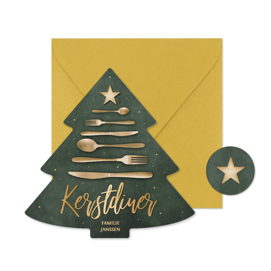 Originele menukaart kerstdiner met bestek kerstboom - Kaartimpressie