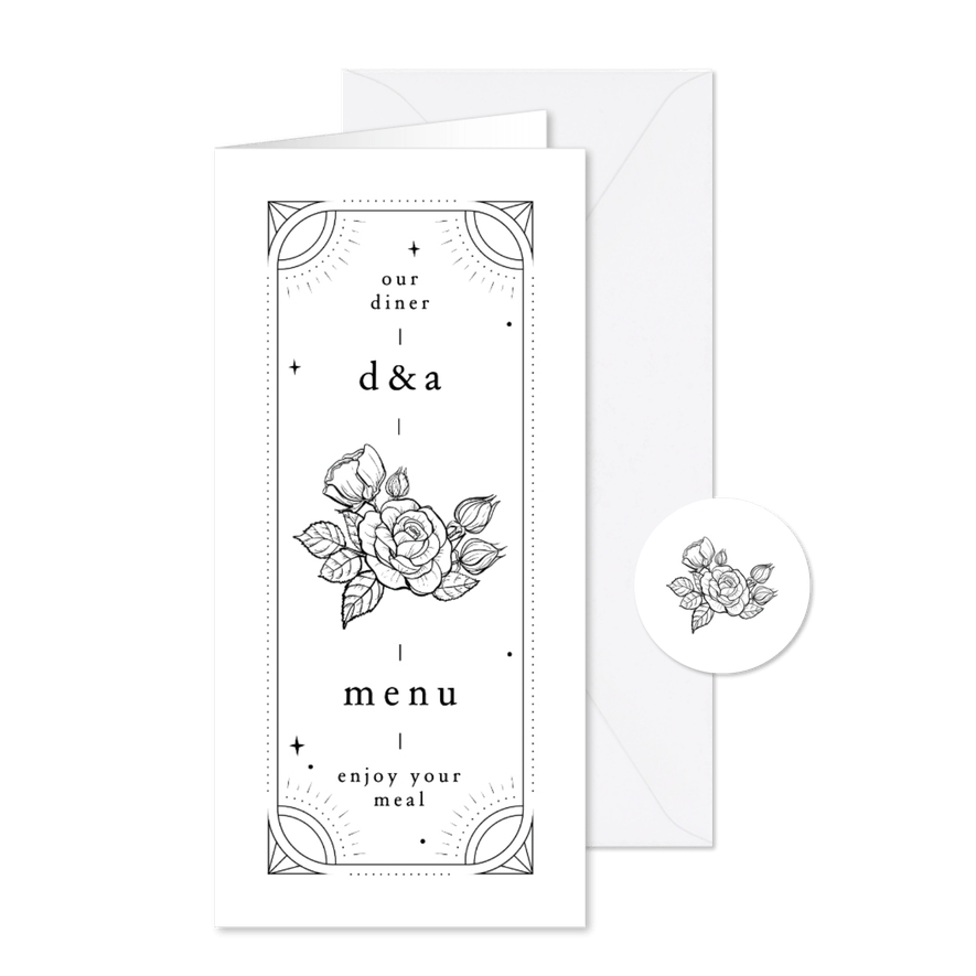 Originele menukaart met tattoo stijl bloemen - Kaartimpressie