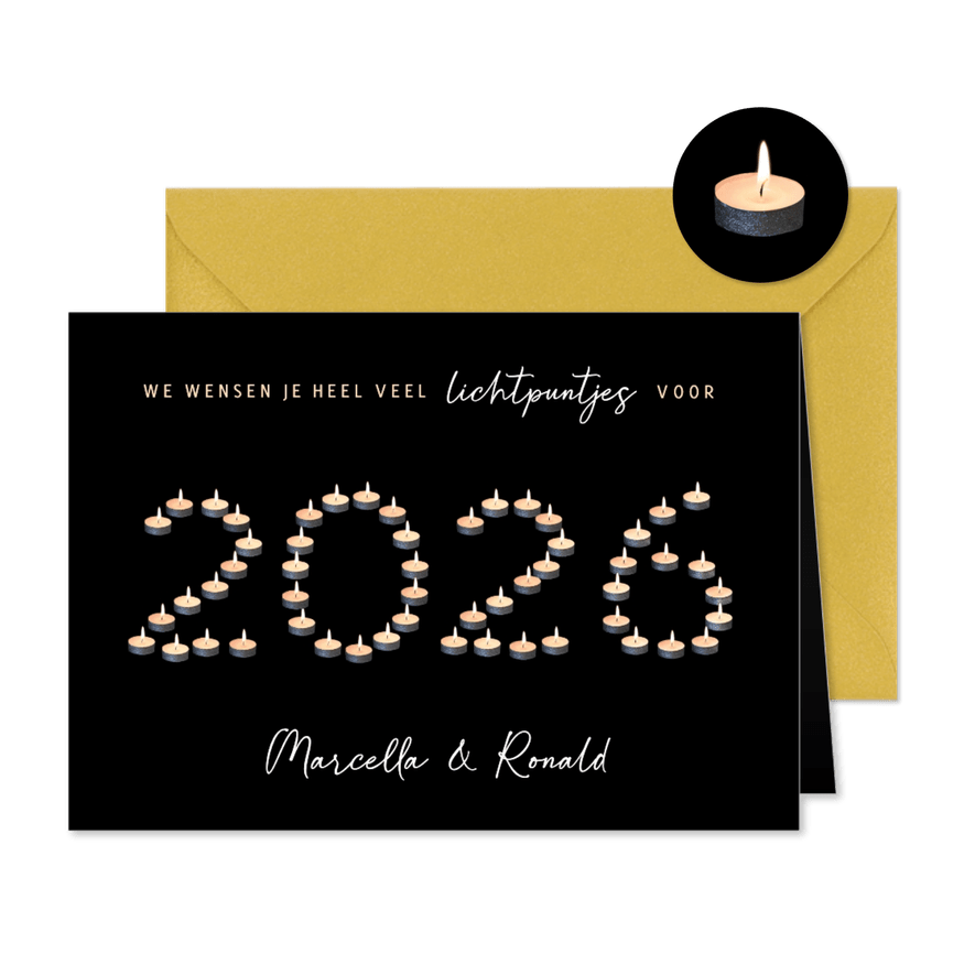 Originele nieuwjaarskaart jaartal 2026 van waxinelichtjes - Kaartimpressie