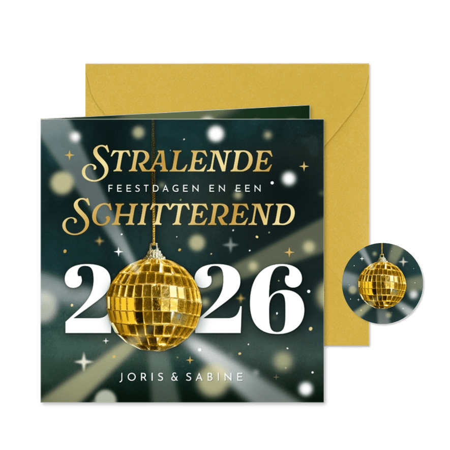 Originele nieuwjaarskaart met 2026 en schitterende discobal - Kaartimpressie
