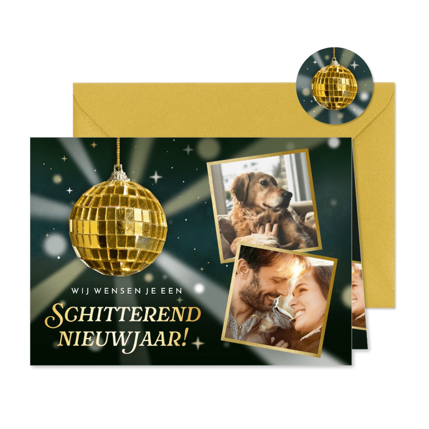 Originele nieuwjaarskaart met discobal schitterend 2026! - Kaartimpressie