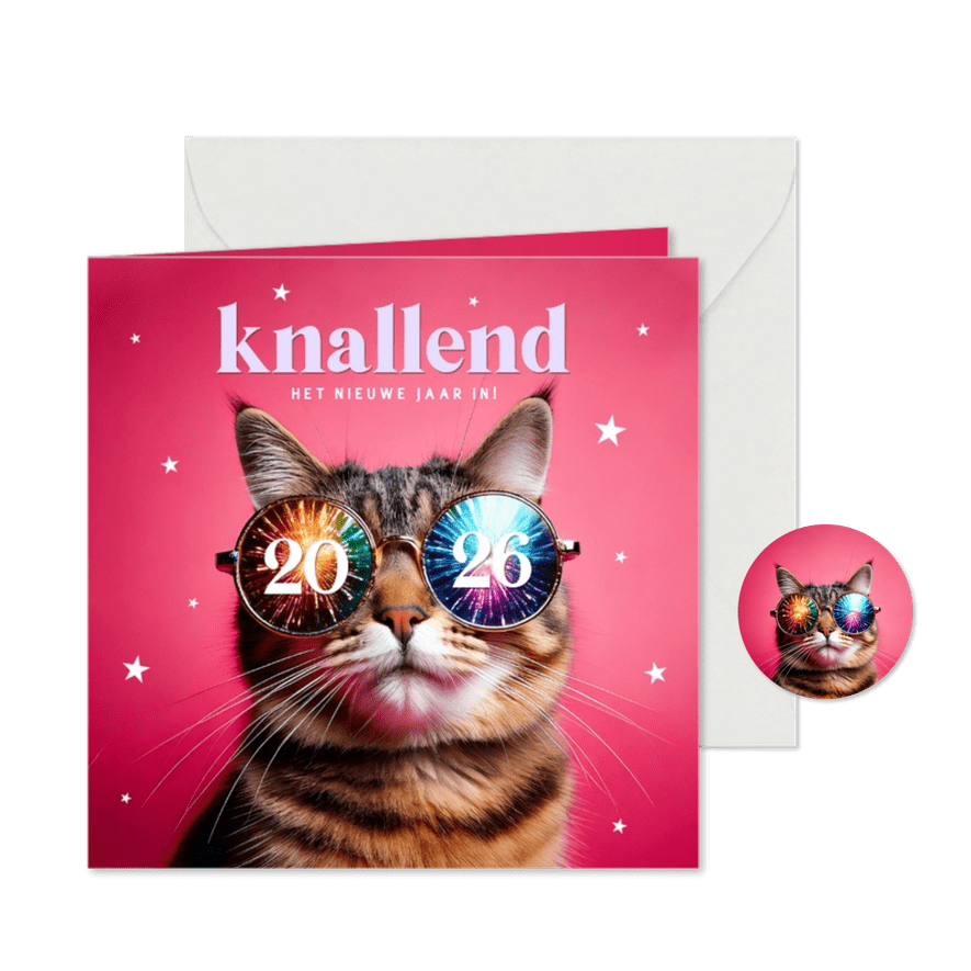 Originele nieuwjaarskaarten met kat met bril en sterren - Kaartimpressie