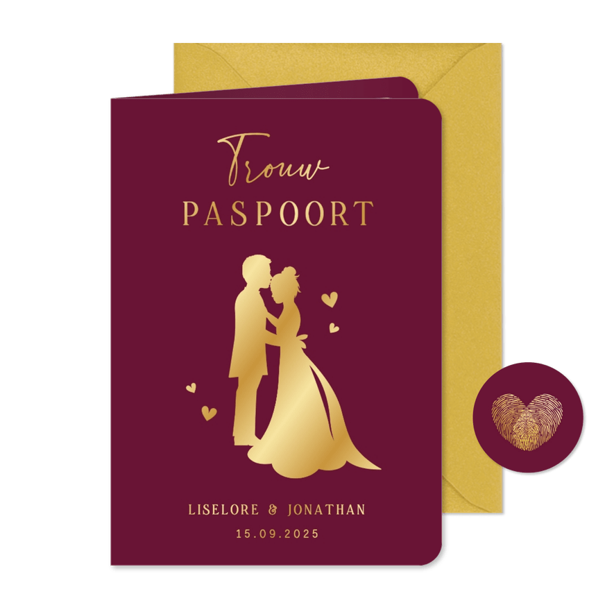 Originele paspoort trouwkaart met goudfolie en silhouet - Kaartimpressie
