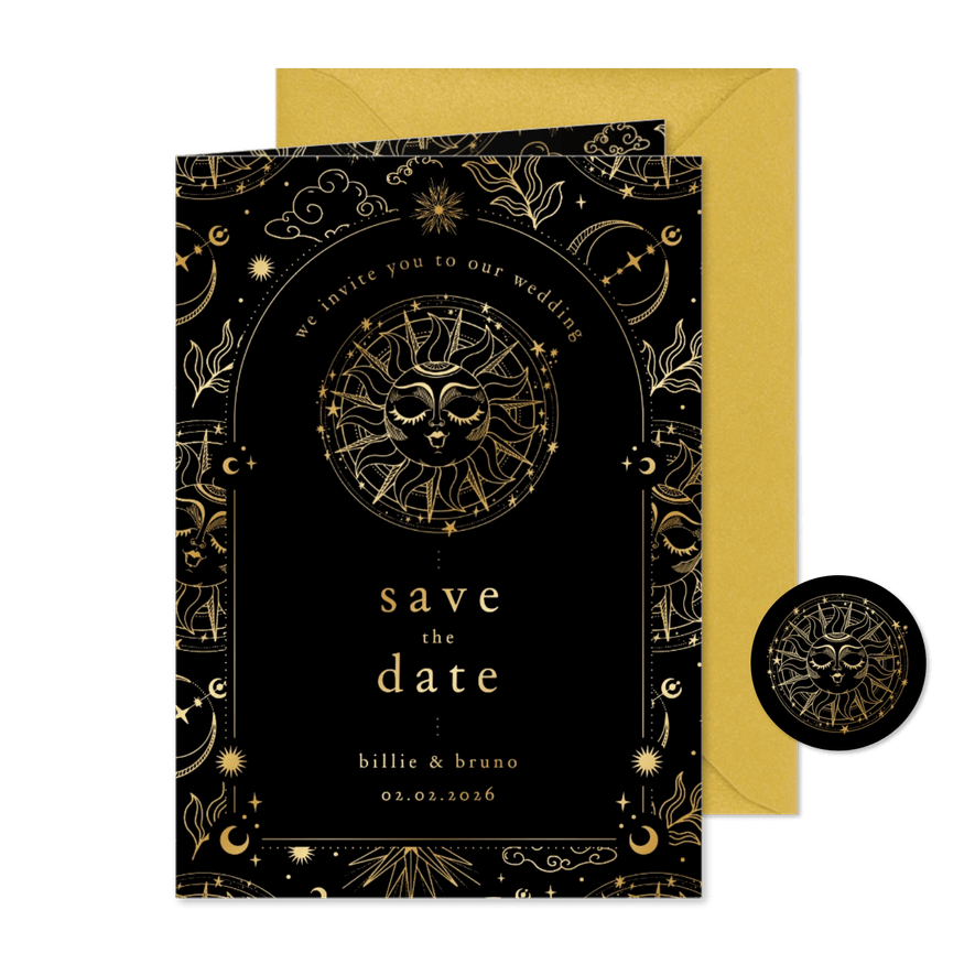 Originele save the date kaart astrologie zon met goudfolie - Kaartimpressie