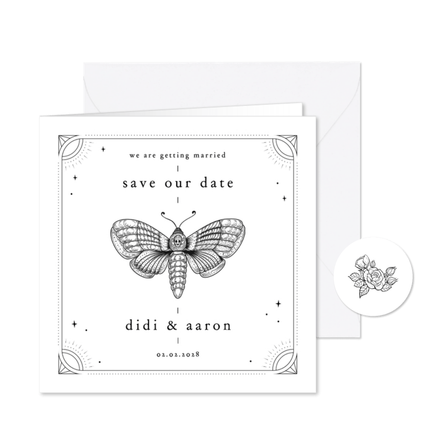 Originele save the date kaart in tattoo stijl motvlinder - Kaartimpressie