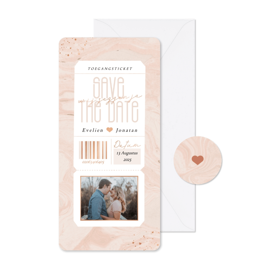 Originele save the date kaart toegangsticket roze marmer - Kaartimpressie