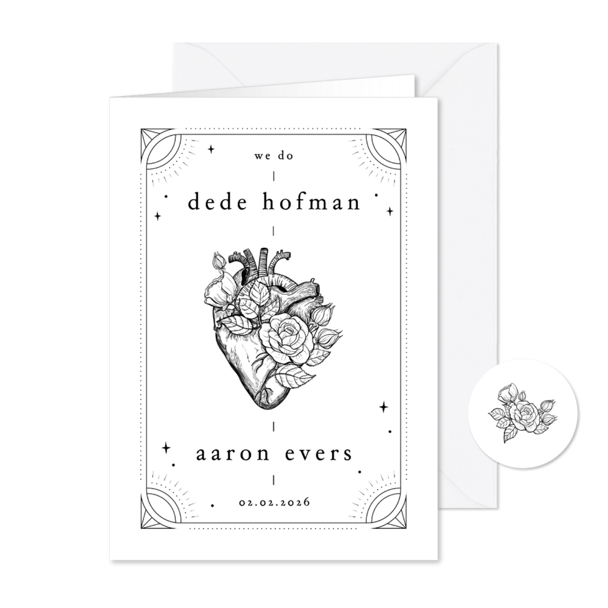 Originele trouwkaart anatomisch hart tattoo stijl - Kaartimpressie
