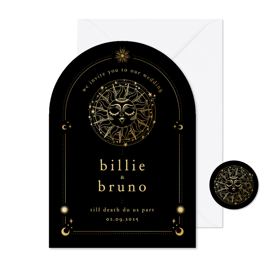 Originele trouwkaart astrologie boogvorm zon met goudfolie - Kaartimpressie