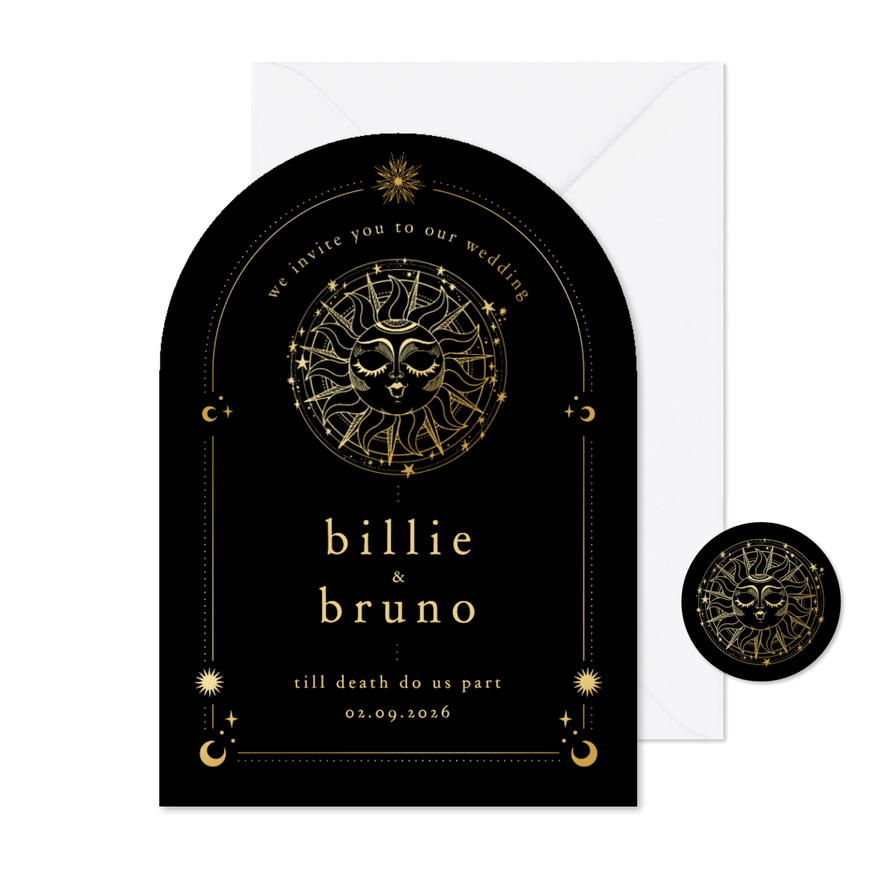 Originele trouwkaart astrologie boogvorm zon met goudfolie - Kaartimpressie