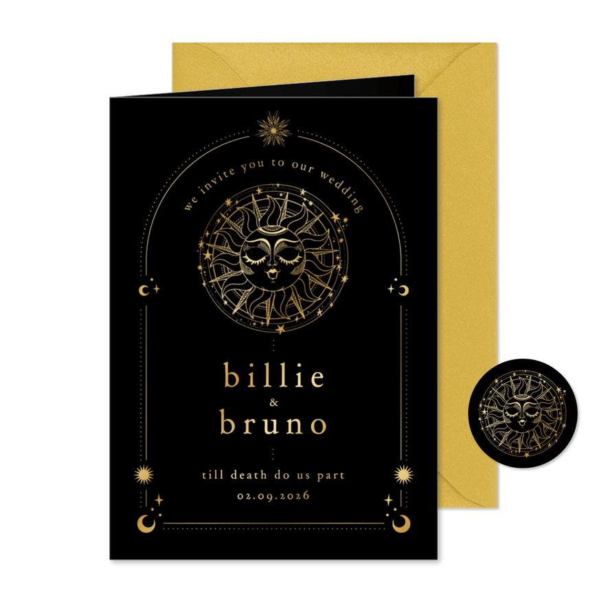 Originele trouwkaart astrologie zon met goudfolie - Kaartimpressie