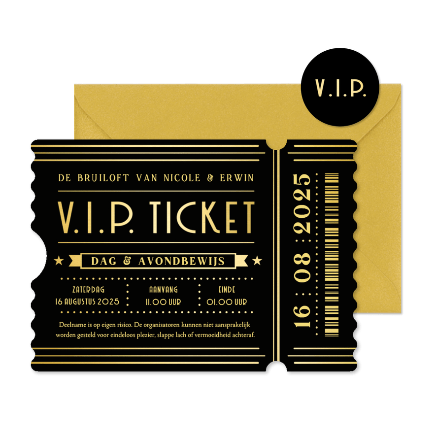 Originele uitnodiging bruiloft in stijlvol VIP-ticket vorm - Kaartimpressie