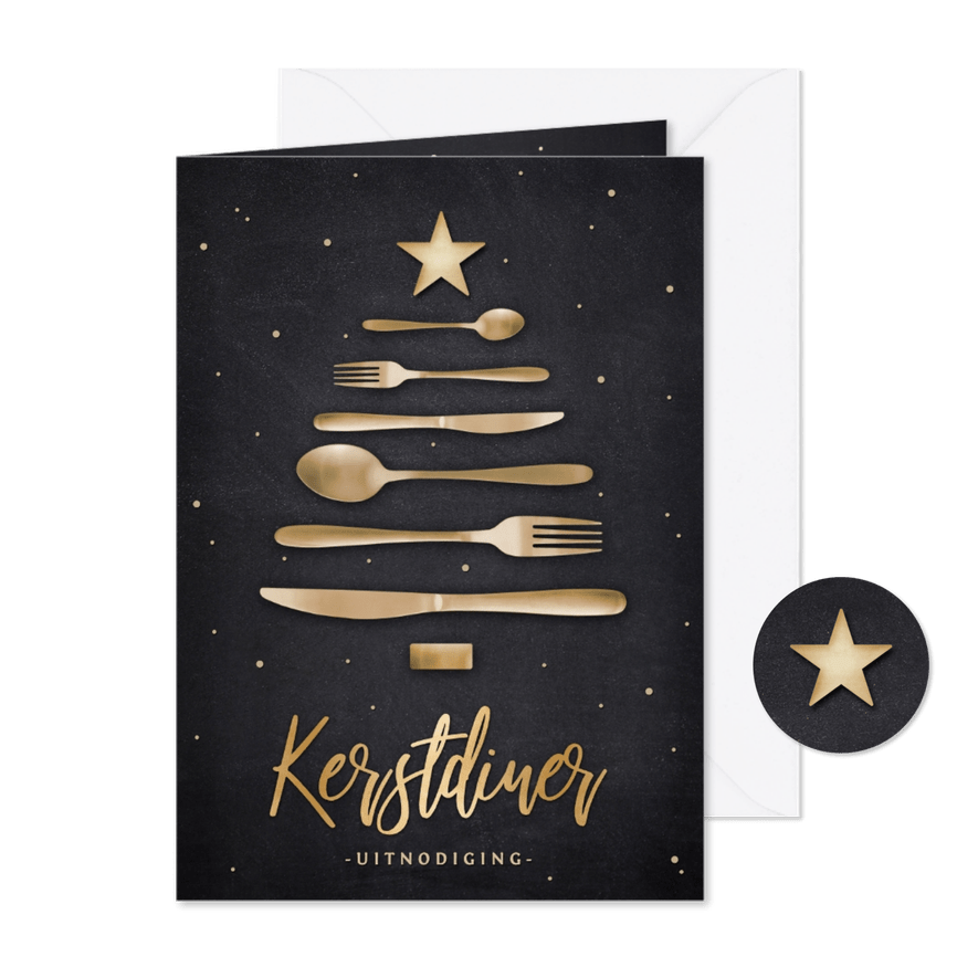 Originele uitnodiging kerstdiner - bestek in kerstboom vorm - Kaartimpressie