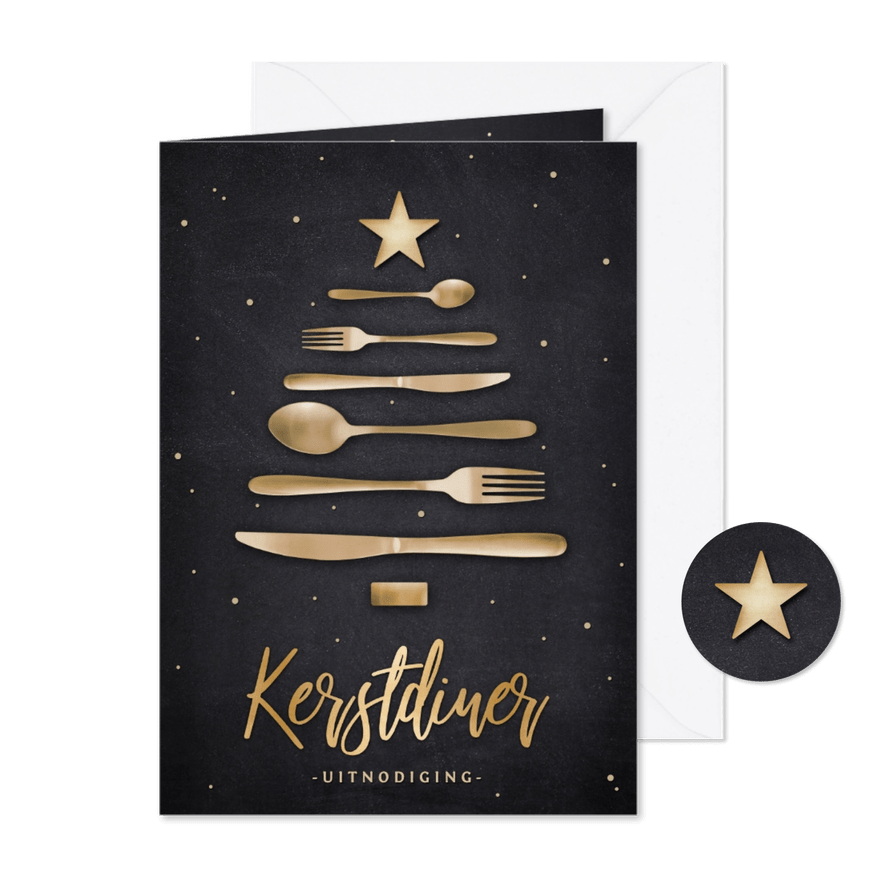 Originele uitnodiging kerstdiner - bestek in kerstboom vorm - Kaartimpressie