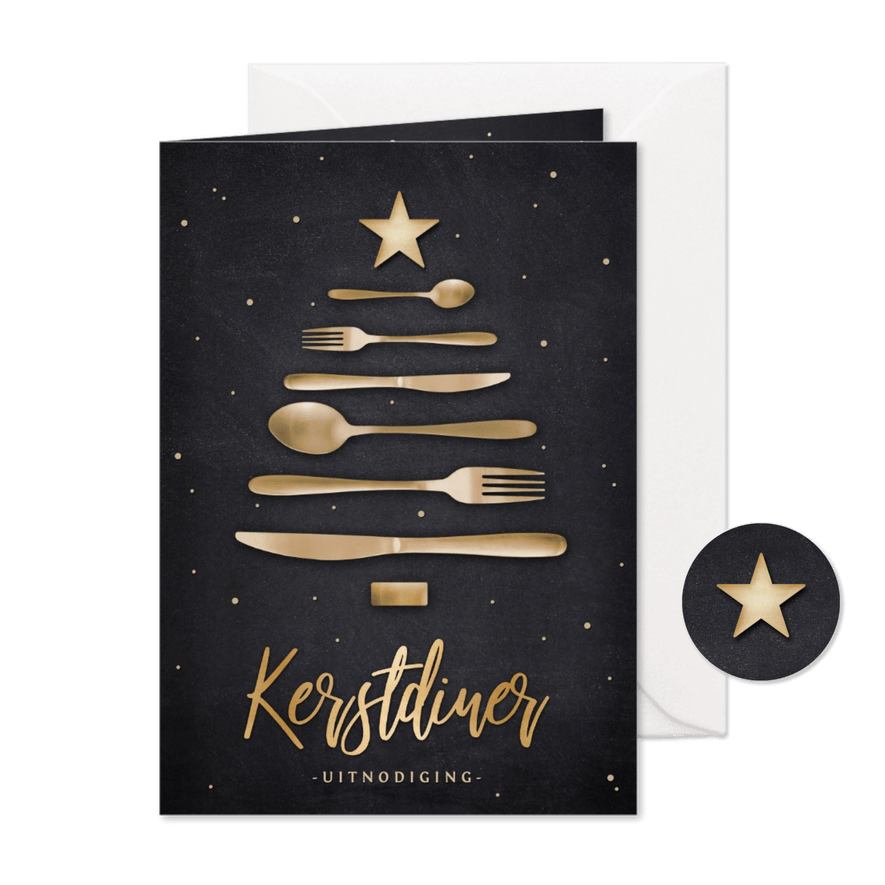 Originele uitnodiging kerstdiner - bestek in kerstboom vorm - Kaartimpressie