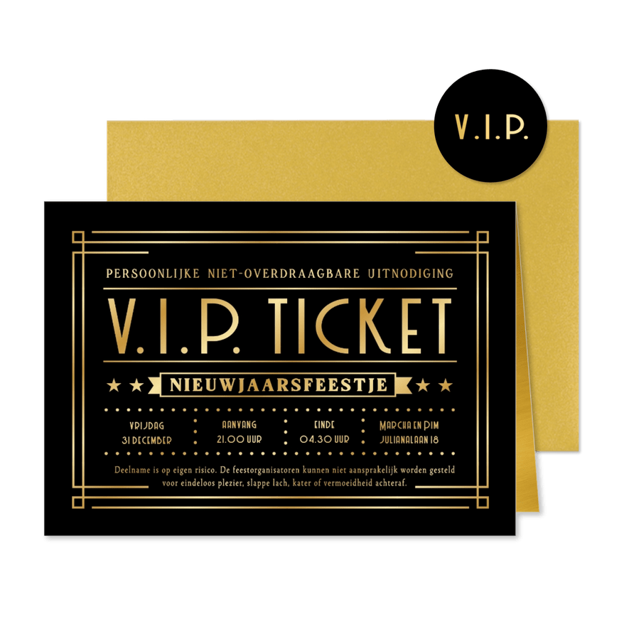 Originele uitnodiging oud en nieuw VIP-ticket goud - Kaartimpressie