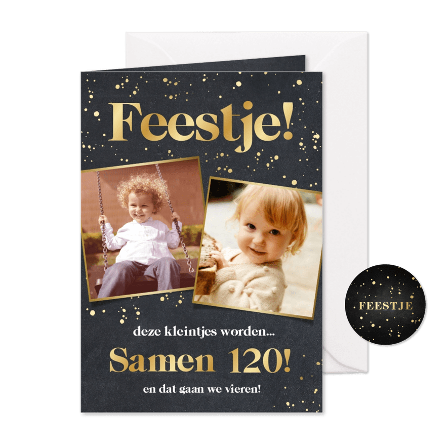 Originele uitnodiging samen jarig met kinderfoto's en folie - Kaartimpressie