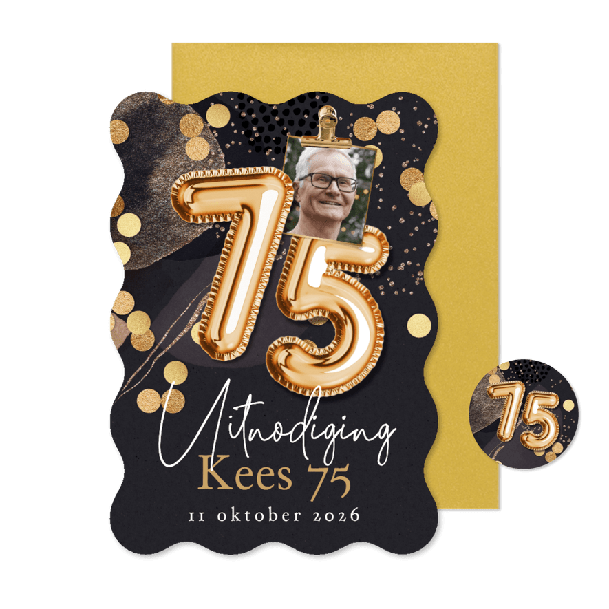 Originele uitnodiging verjaardag 75jaar cijferballon goud - Kaartimpressie