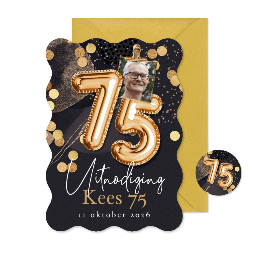 Originele uitnodiging verjaardag 75jaar cijferballon goud - Kaartimpressie